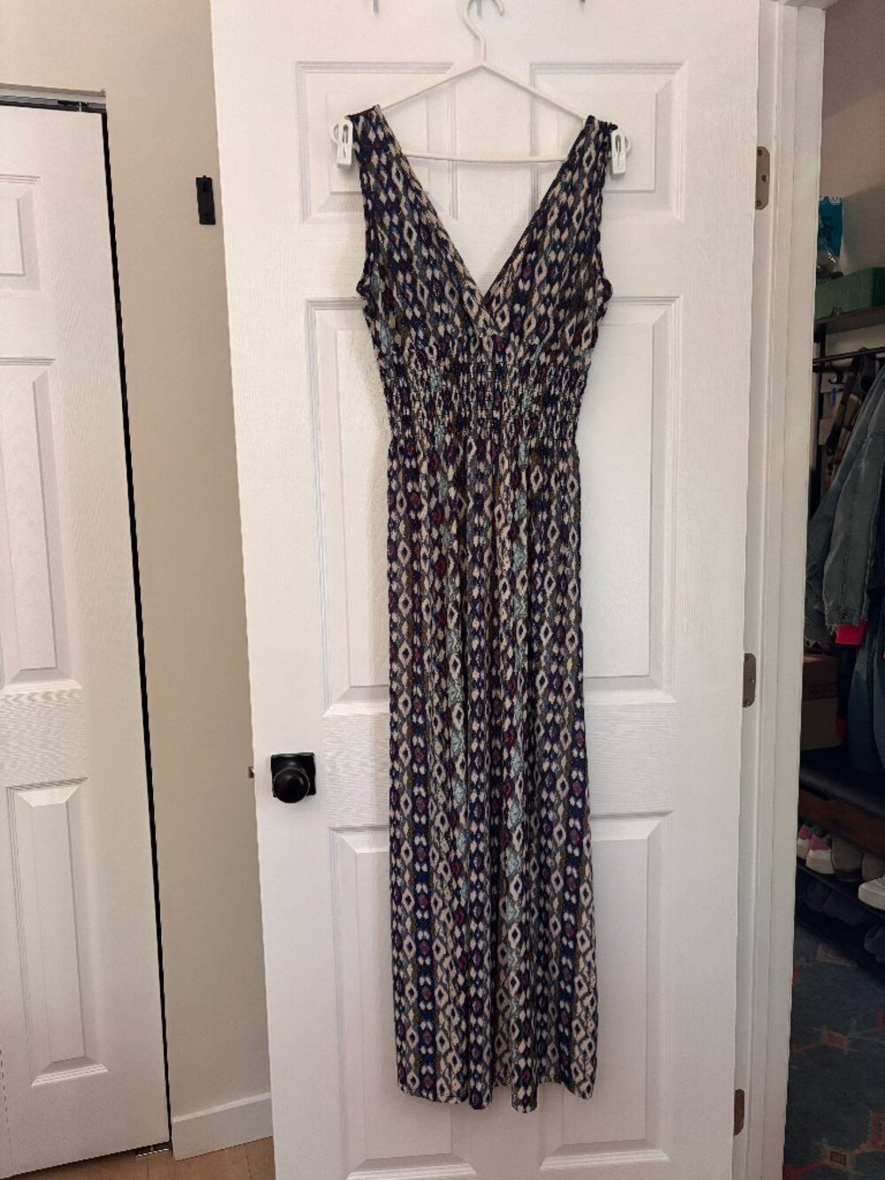 Women's Boho Maxi Dress | Sleeveless Smocked Waist Dress | Geometric Print (XL)